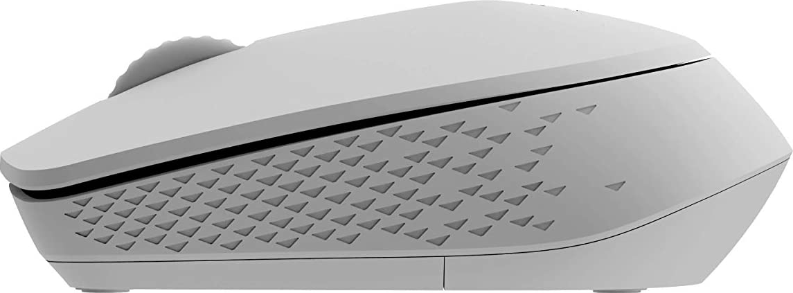 Un mouse per computer wireless grigio con una rotella di scorrimento e un lato strutturato con fori.
