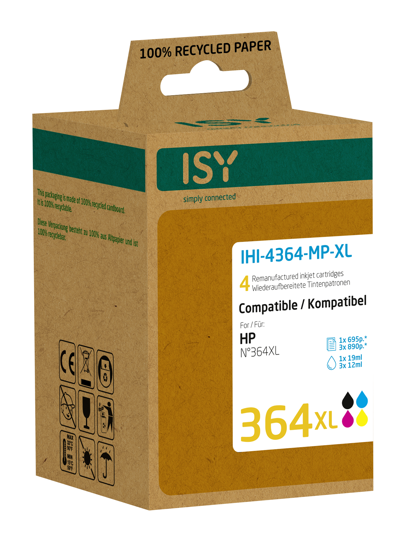 Box mit ISY-Druckerpatronen. Braune Box mit Text und Symbolen. Kompatibel mit HP 364XL.