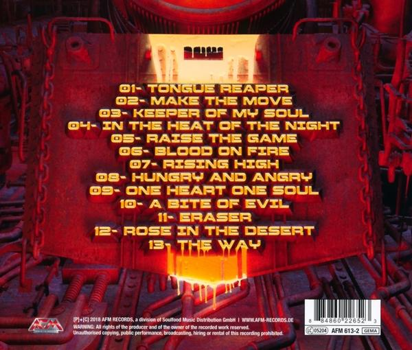 Album borító piros ipari háttérrel és dalfelsorolással. Tartalmaz vonalkódot és AFM Records logót.