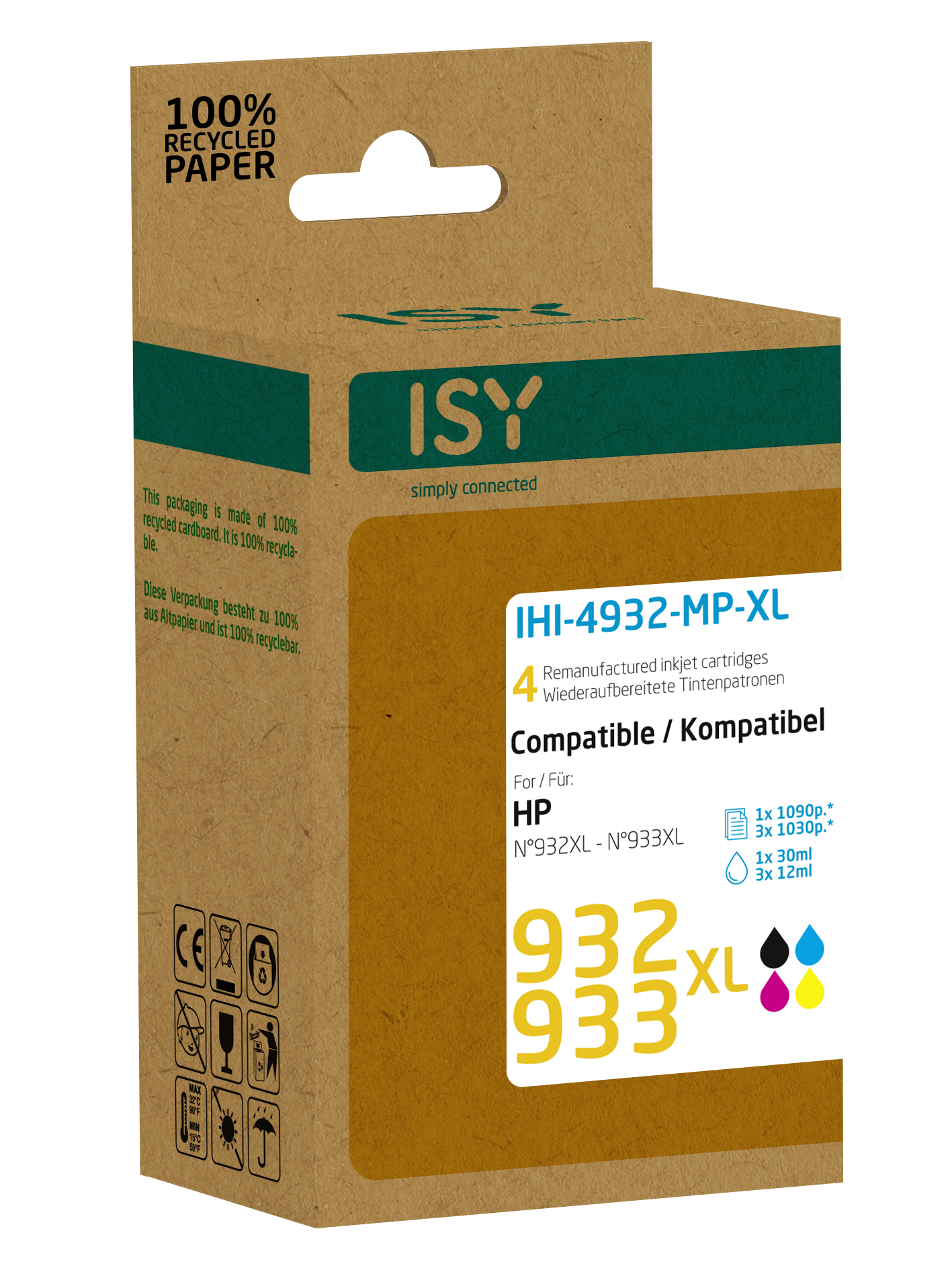 Braune ISY Tintenpatronenbox mit Text und Logo, auf schwarzem Hintergrund.