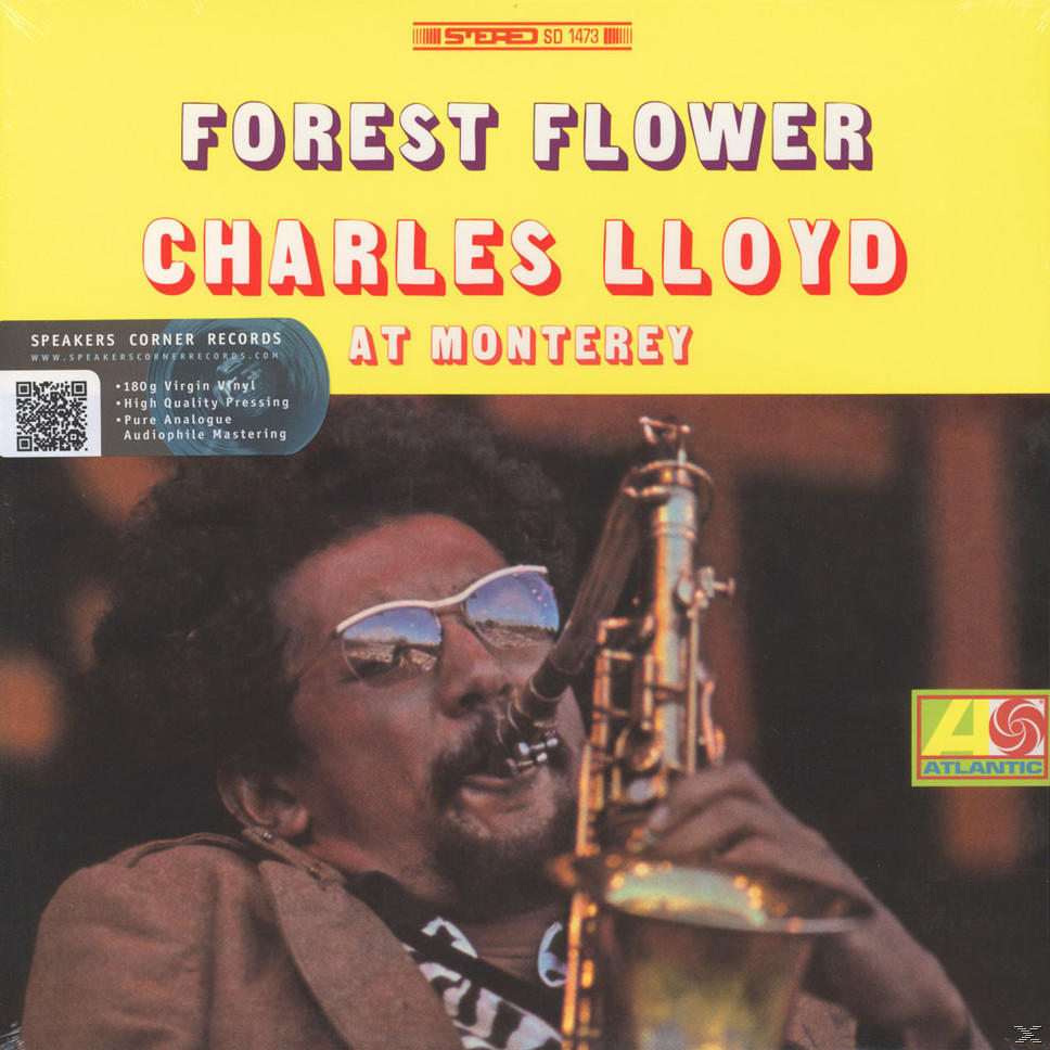 Charles Lloyd album borítója Monterey-ben. Egy férfi szaxofonnal és sárga háttérrel.