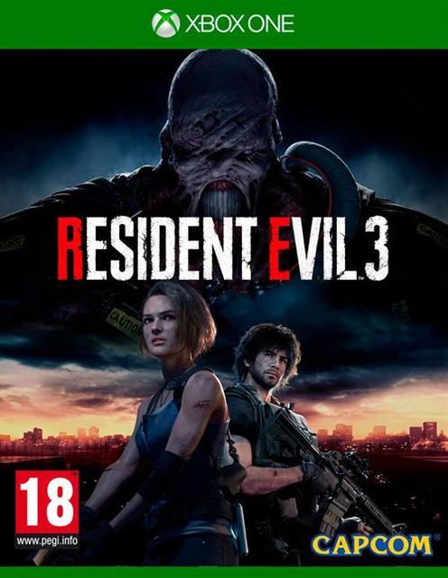 Portada del videojuego Resident Evil 3 con dos personajes y un monstruo.