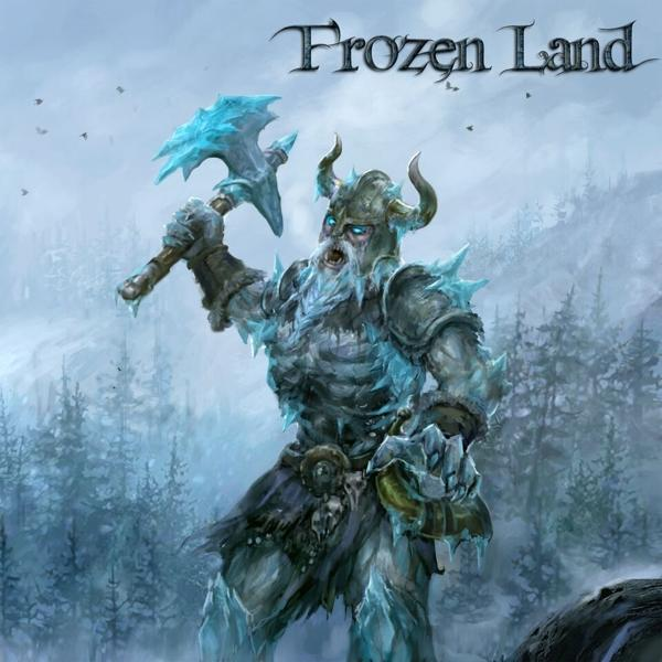Illustration eines Kriegers mit eisiger Rüstung und Axt. Verschneiter Hintergrund, Titel: Frozen Land.
