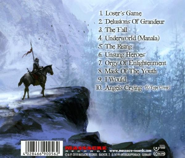 CD-Cover mit Ritter auf Pferd, verschneiten Bergen und Titelliste. Blauer Hintergrund.
