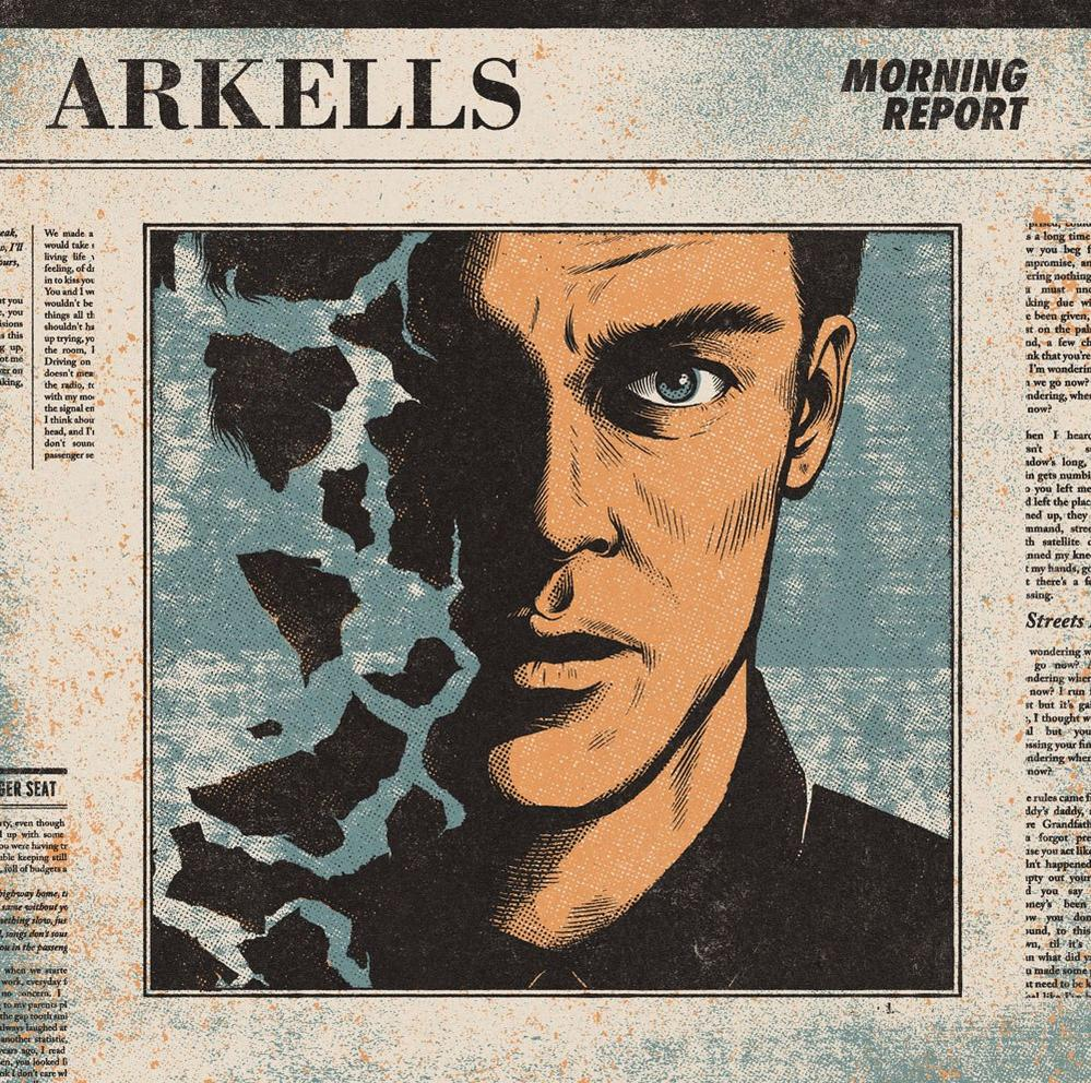 Albumcover: Ein Porträt eines Mannes mit rissiger Textur. Titel: 'Arkells Morning Report'.