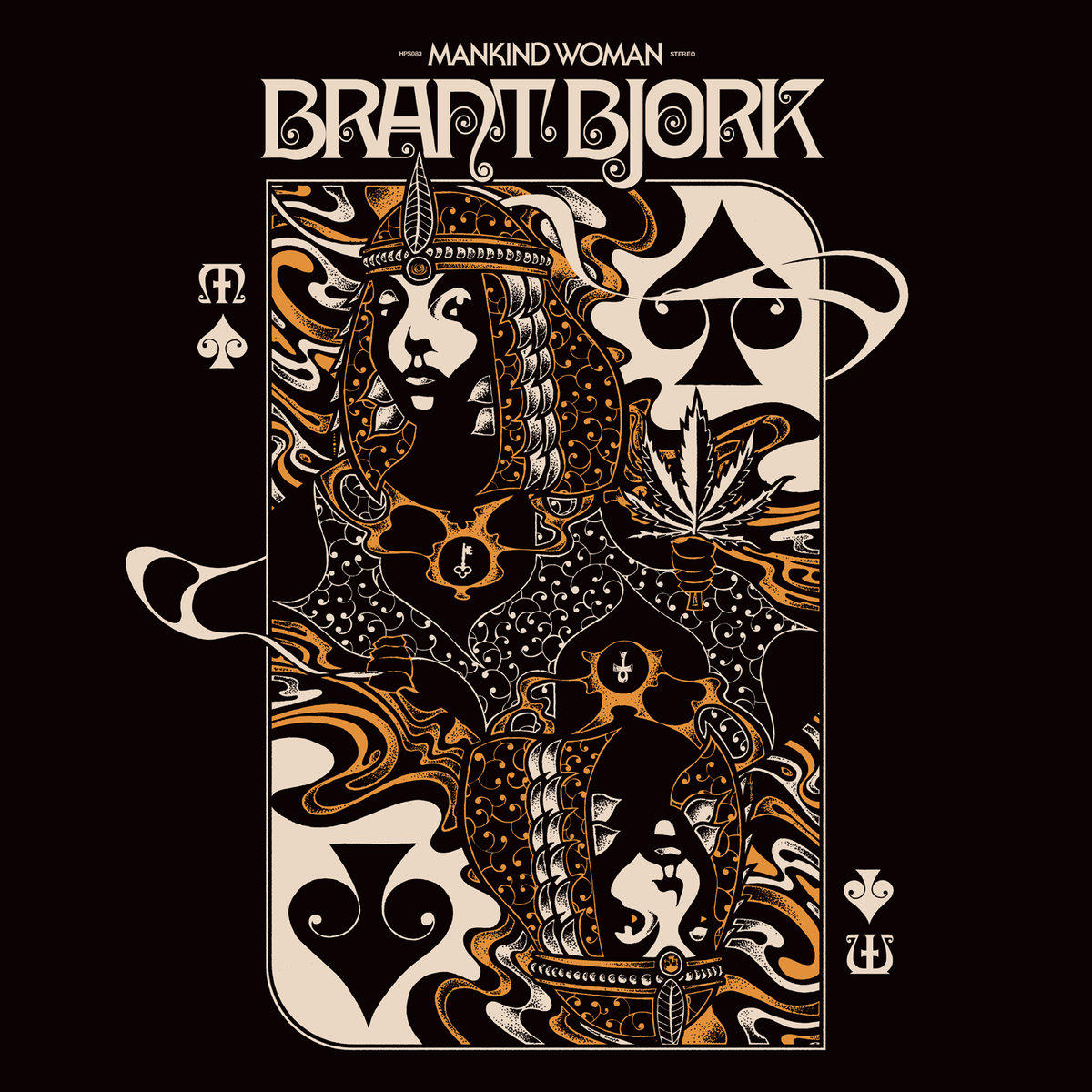 Albumcover mit einer Frau, einem Blatt und dekorativen Elementen. Der Titel lautet Mankind Woman von Brant Bjork.