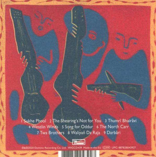 Pochette d'album avec trois figures bleues et des guitares sur fond orange et rouge.