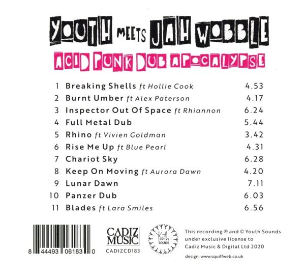 CD-Hülle mit Titelliste. Titel ist "Youth Meets Jah Wobble". Schwarzer Hintergrund, weißer Text.
