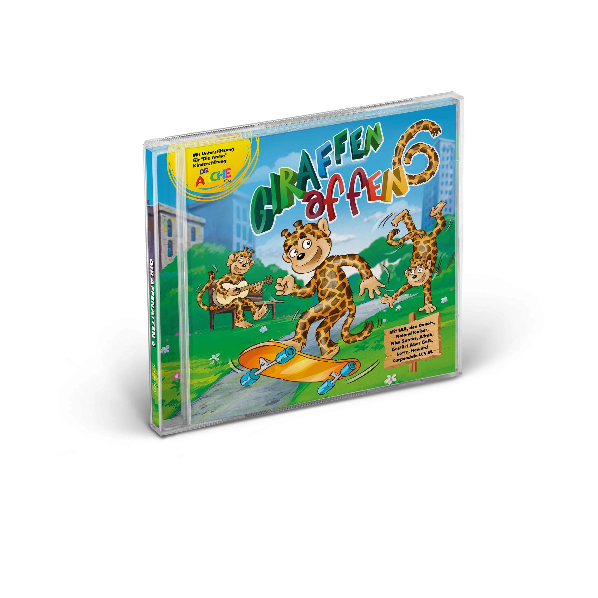 CD-Hülle mit Giraffen-Cartoonfiguren, die auf einem grünen Rasen skaten und Instrumente spielen.