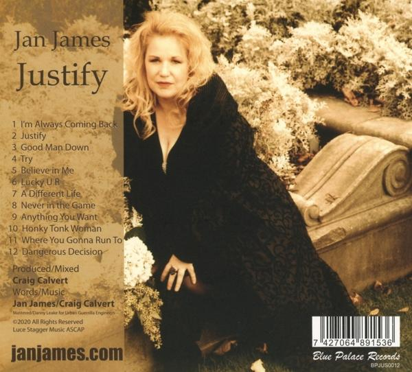 CD-Cover: Jan James, Album 'Justify'. Titelliste und Credits links, Frau in Schwarz rechts.