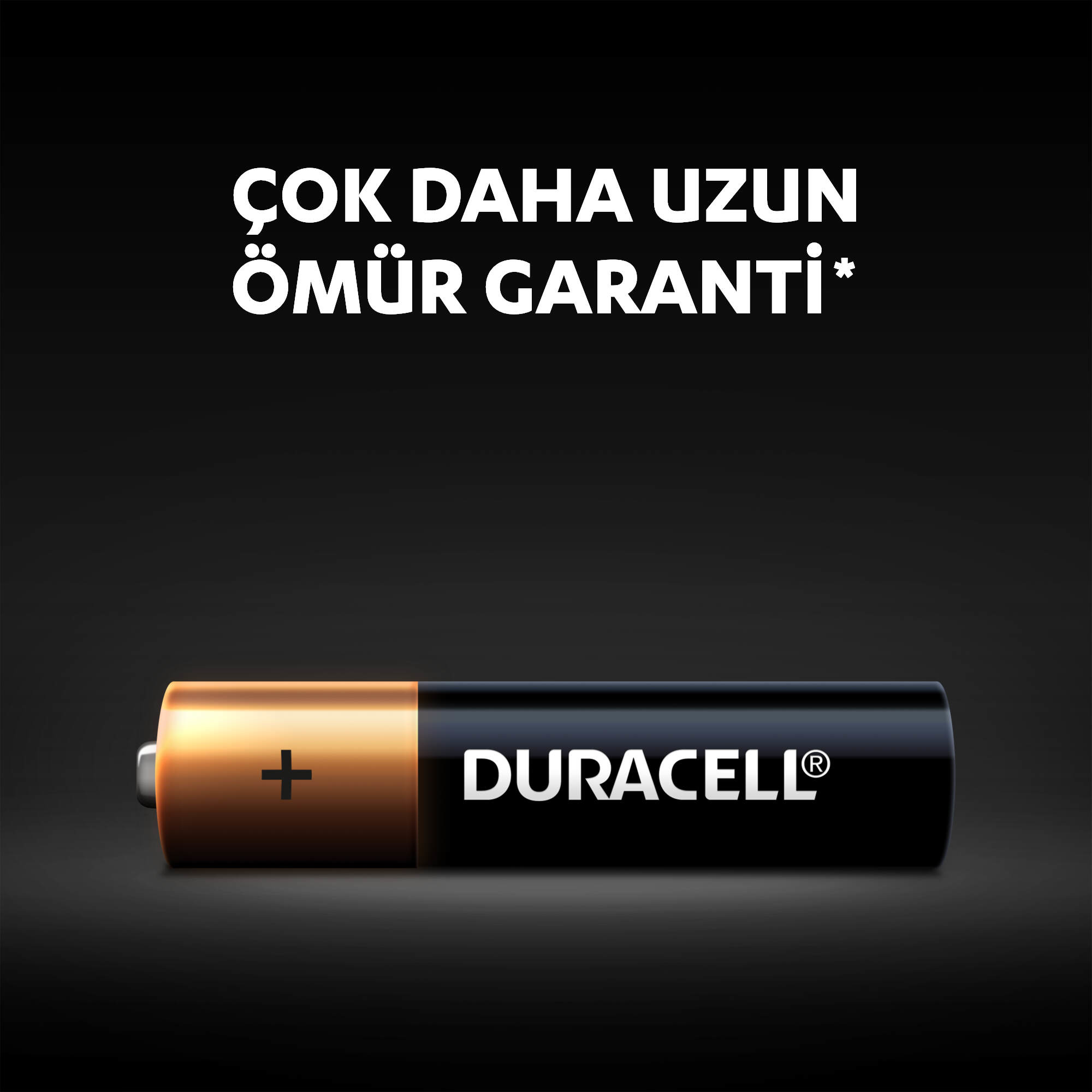 Siyah bir arka plan üzerinde artı işareti ve Duracell logosu olan bir Duracell AA pili.