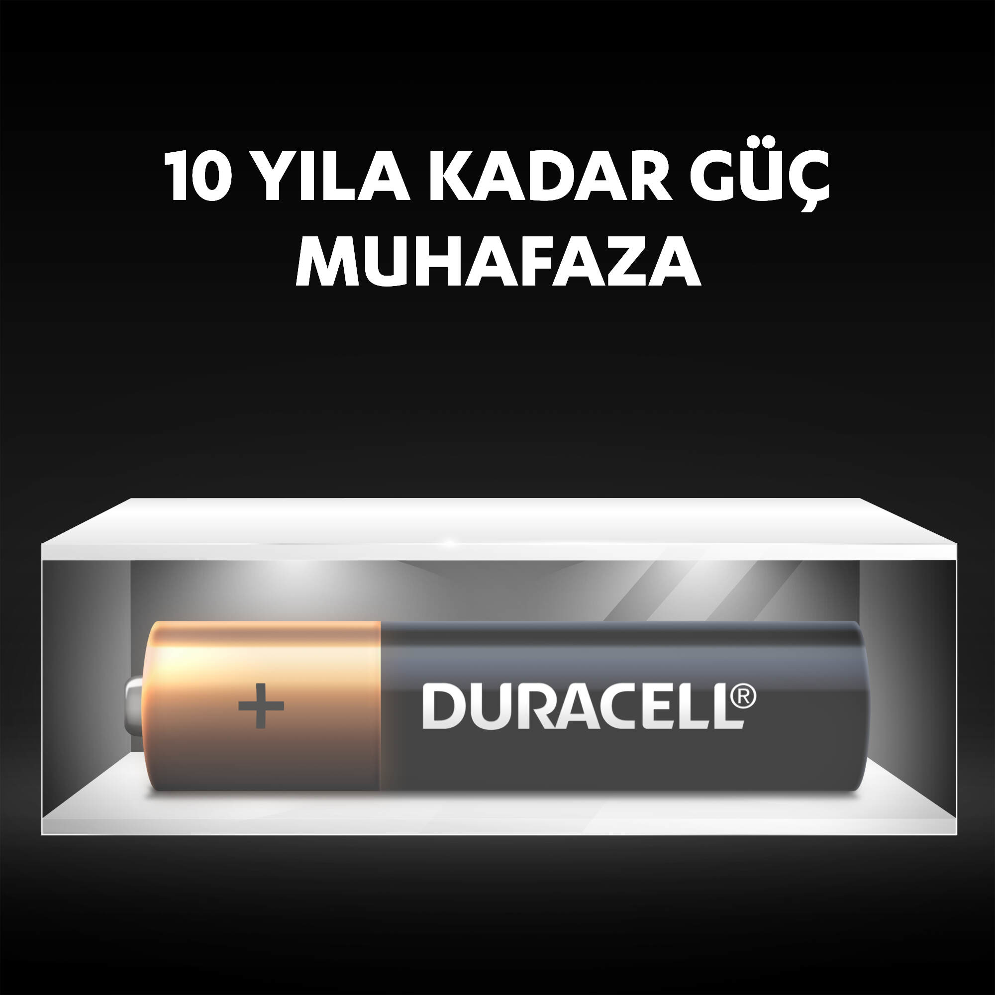 "10 YILA KADAR GÜÇ MUHAFAZA" metinli beyaz bir kutuda sergilenen bir Duracell AA pili.
