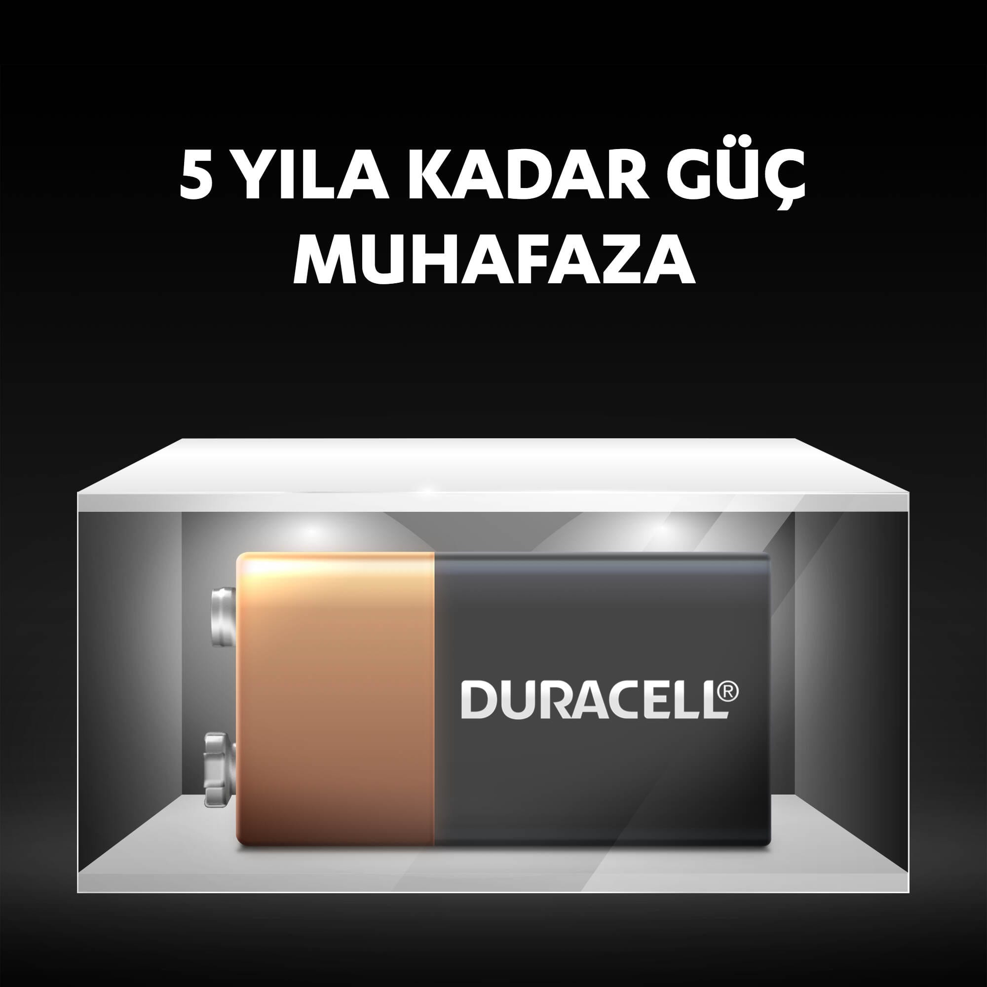 "5 YILA KADAR GÜÇ MUHAFAZA" metinli bir kutuda Duracell 9V pil.