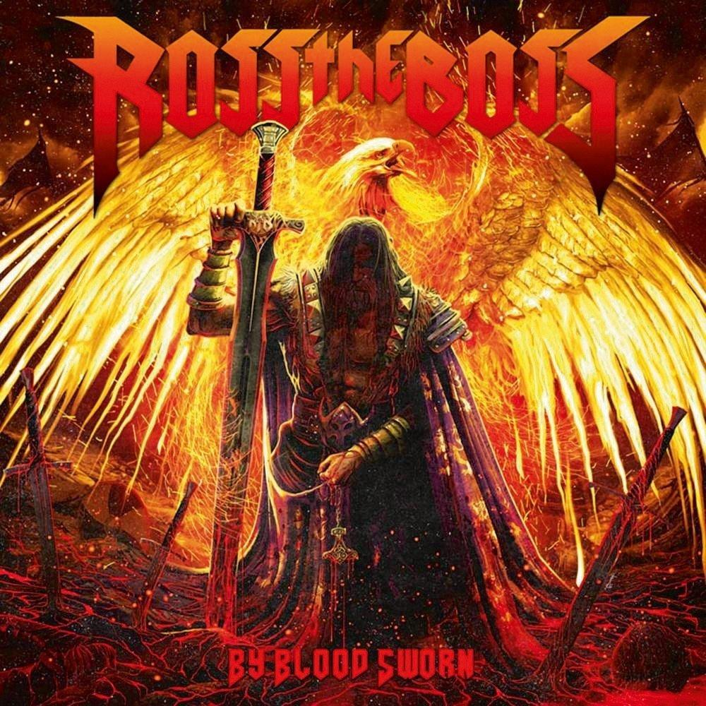 Albumcover: Mann mit Schwert, Adler- und Feuergrafik, Text 'BY BLOOD SWORN'.
