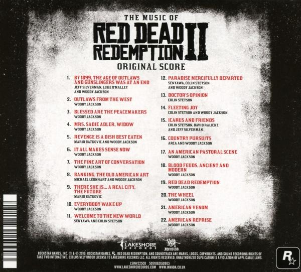 Die Rückseite einer Red Dead Redemption 2 Spielhülle mit einer Liste der Songs auf weißem Hintergrund.