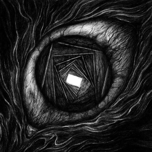Schwarz-weiß, abstraktes Bild eines Tunnels mit hellem Quadrat am Ende.