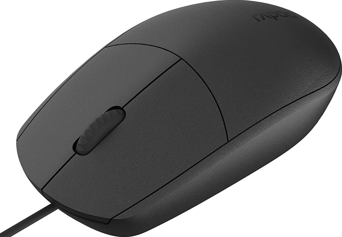 Mouse per computer nero con rotella e cavo collegato. Il mouse è liscio.