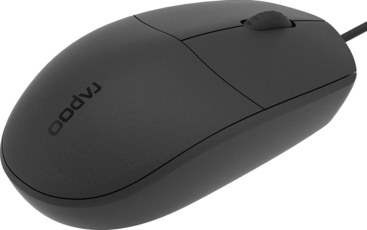 Un mouse per computer nero cablato di Rapoo, che mostra la superficie superiore e la rotella di scorrimento.