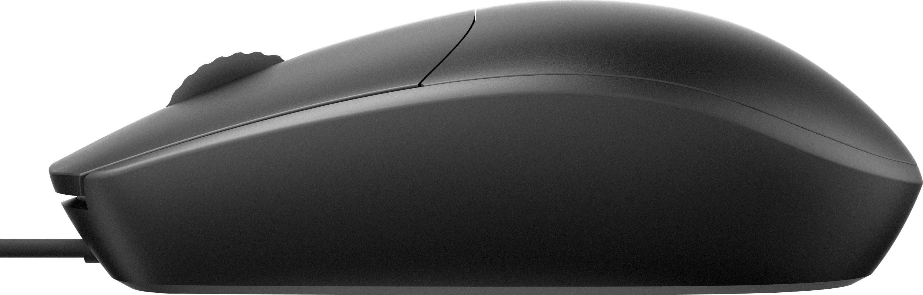 Vista laterale di un mouse nero con rotella di scorrimento.