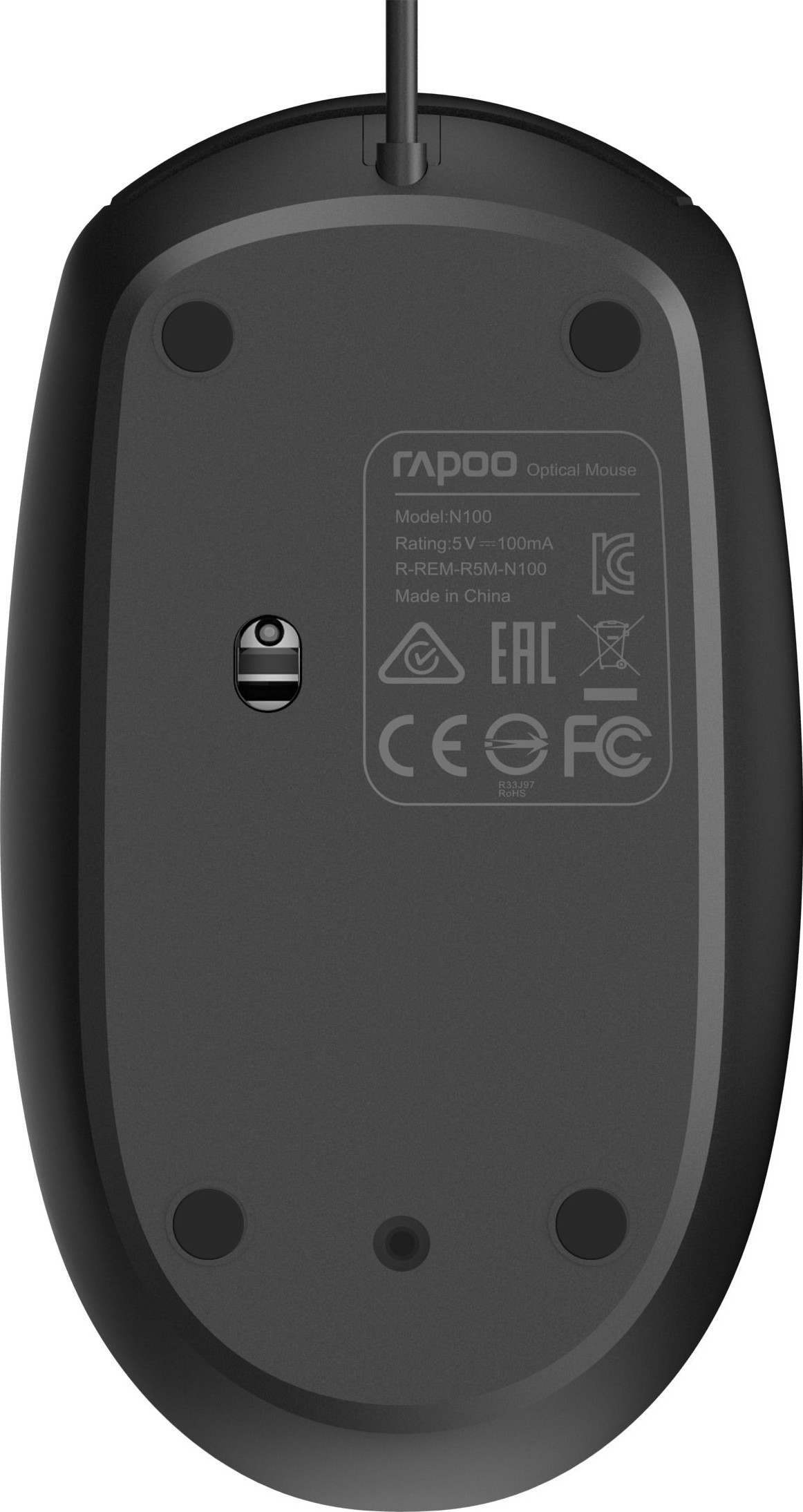 Vista inferiore di un mouse per computer nero con cavo e loghi.