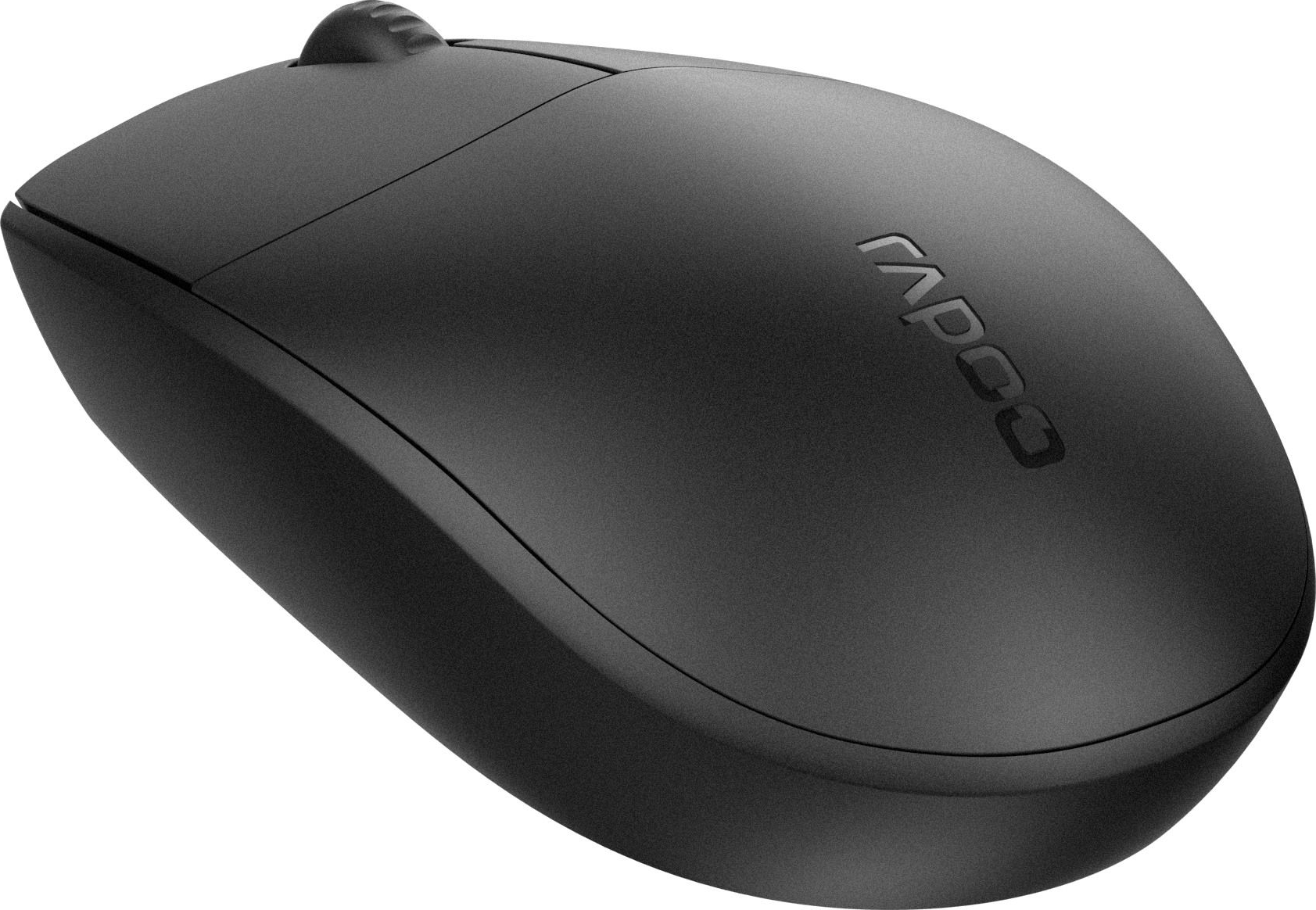 Un mouse wireless nero con la parte superiore curva e il logo Rapoo.