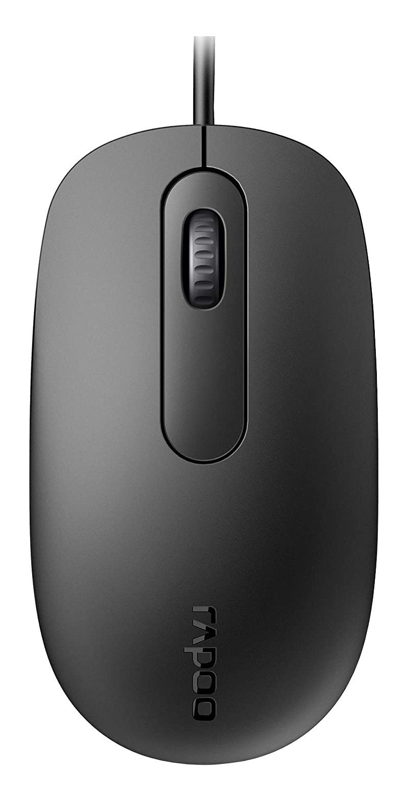 Eine schwarze Computermaus mit einem Scrollrad und dem Wort 'RAPOO' auf der Unterseite.