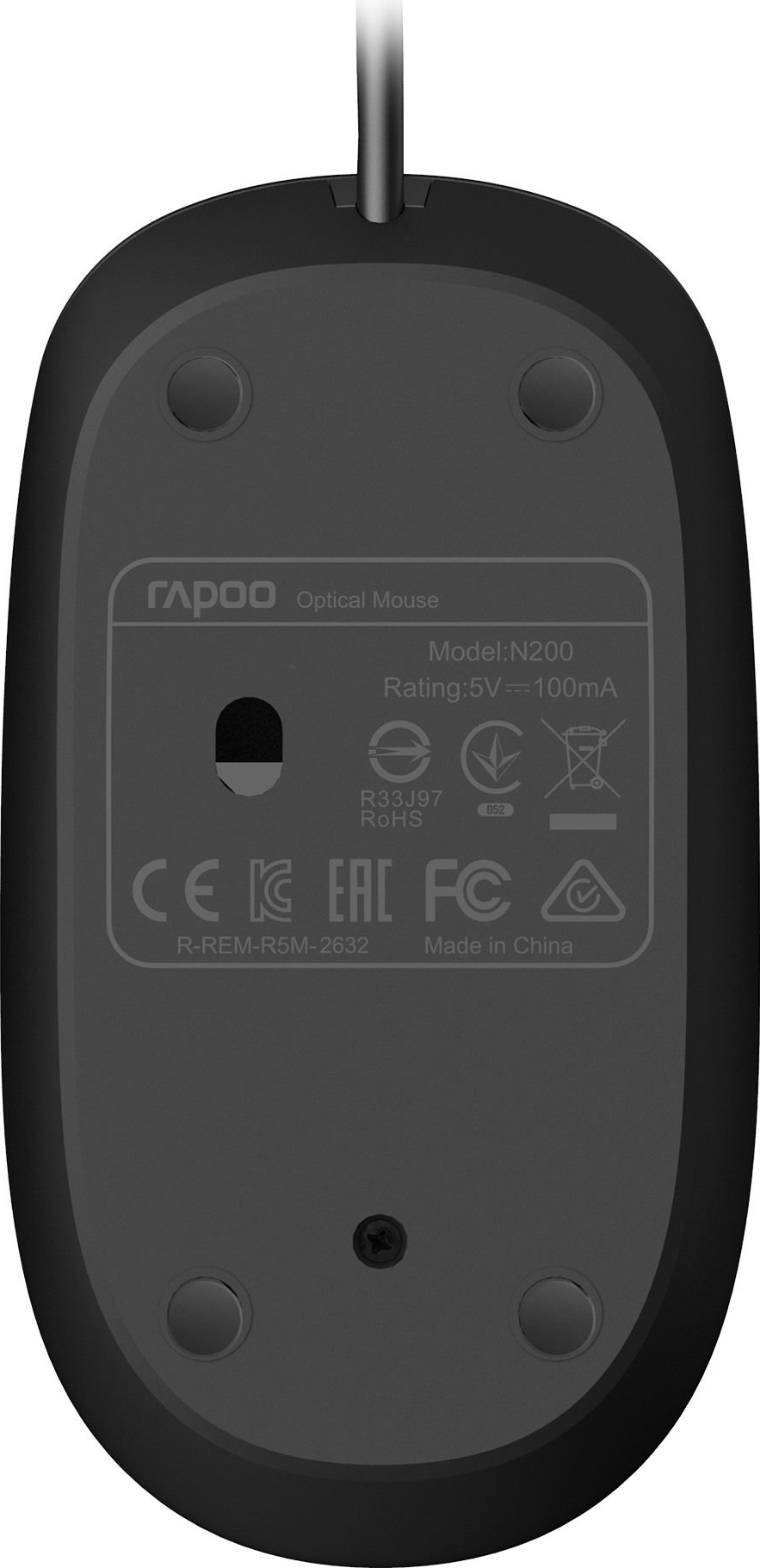 Schwarze Computermaus mit dem rapoo-Logo und Modellinformationen, die auf der Unterseite aufgedruckt sind.