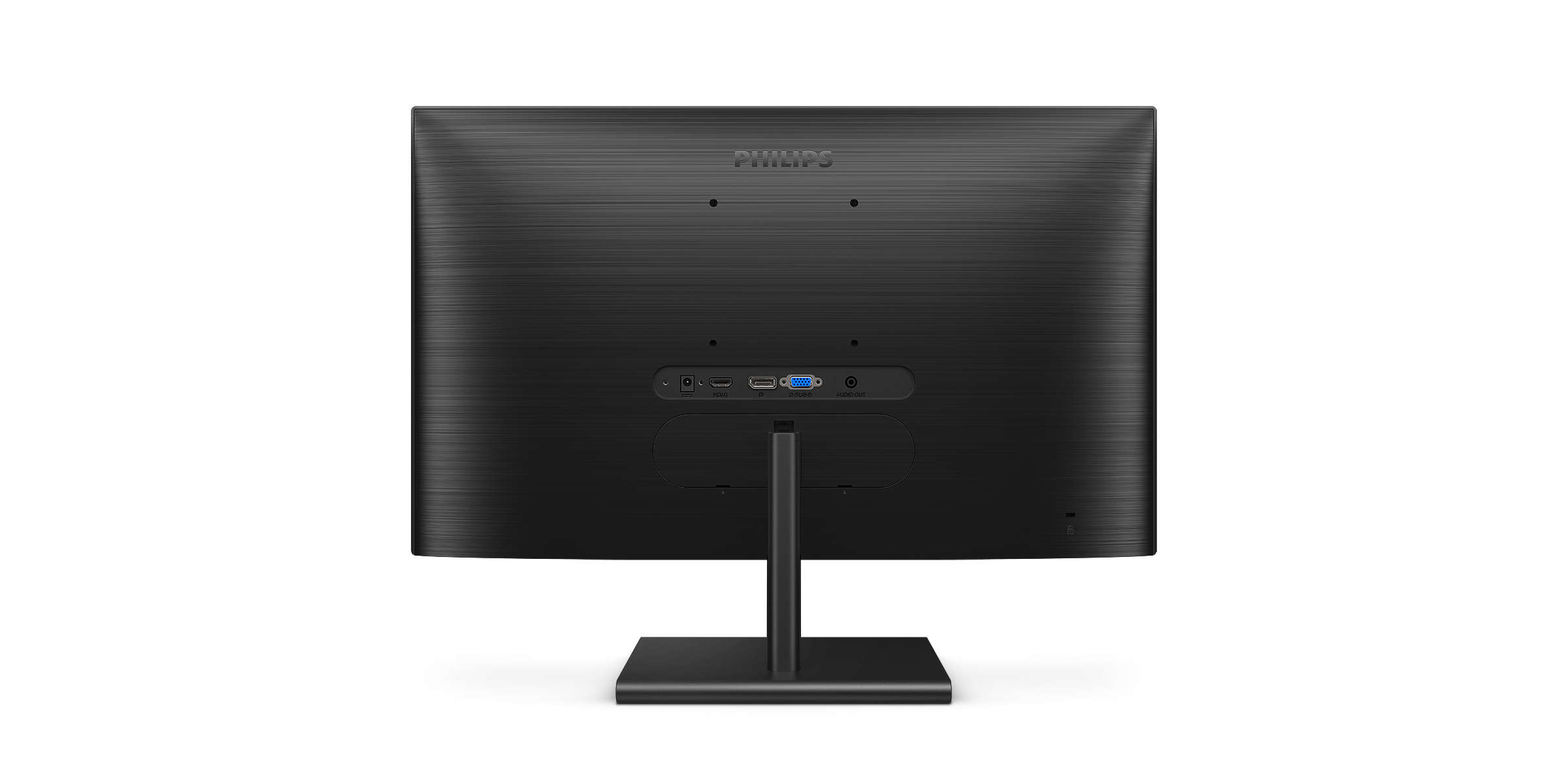 Rückseite eines schwarzen Philips-Monitors mit Anschlüssen und Ständer.