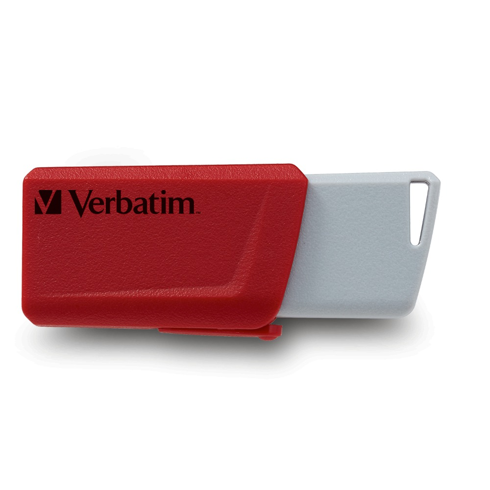 Ein roter und grauer Verbatim USB-Stick.