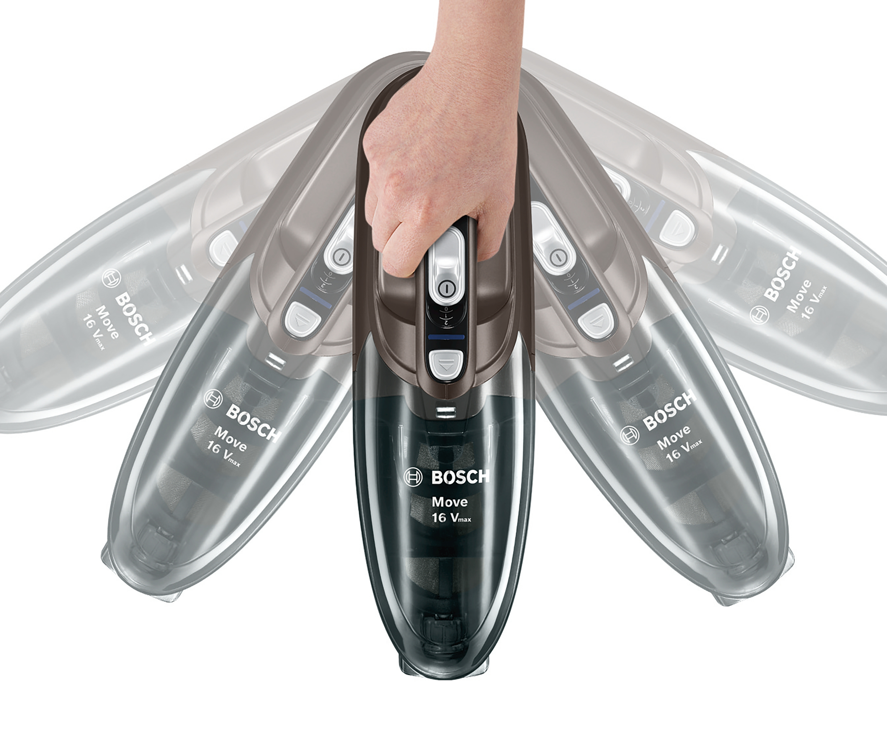 Eine Hand hält einen Bosch Move Staubsauger, mit mehreren verschwommenen Kopien darum. Der Hintergrund ist weiß.