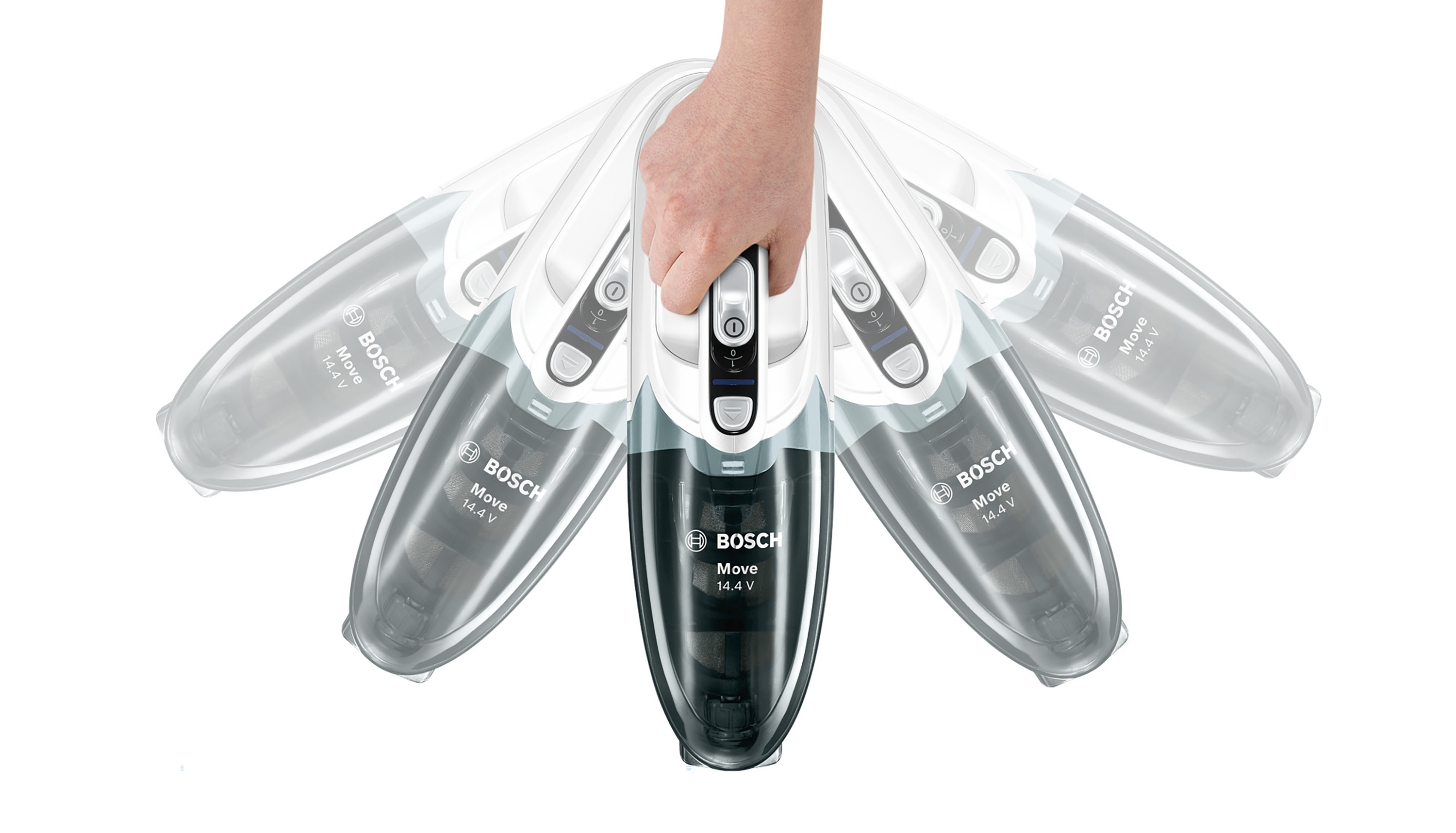 Hand hält einen weißen und schwarzen kabellosen Staubsauger.
