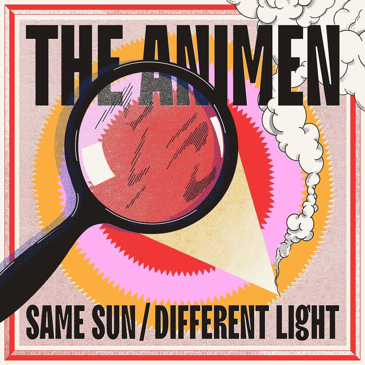 Poszter nagyítóval egy piros alak felett, 'THE ANIME' és 'SAME SUN/DIFFERENT LIGHT' szöveggel.