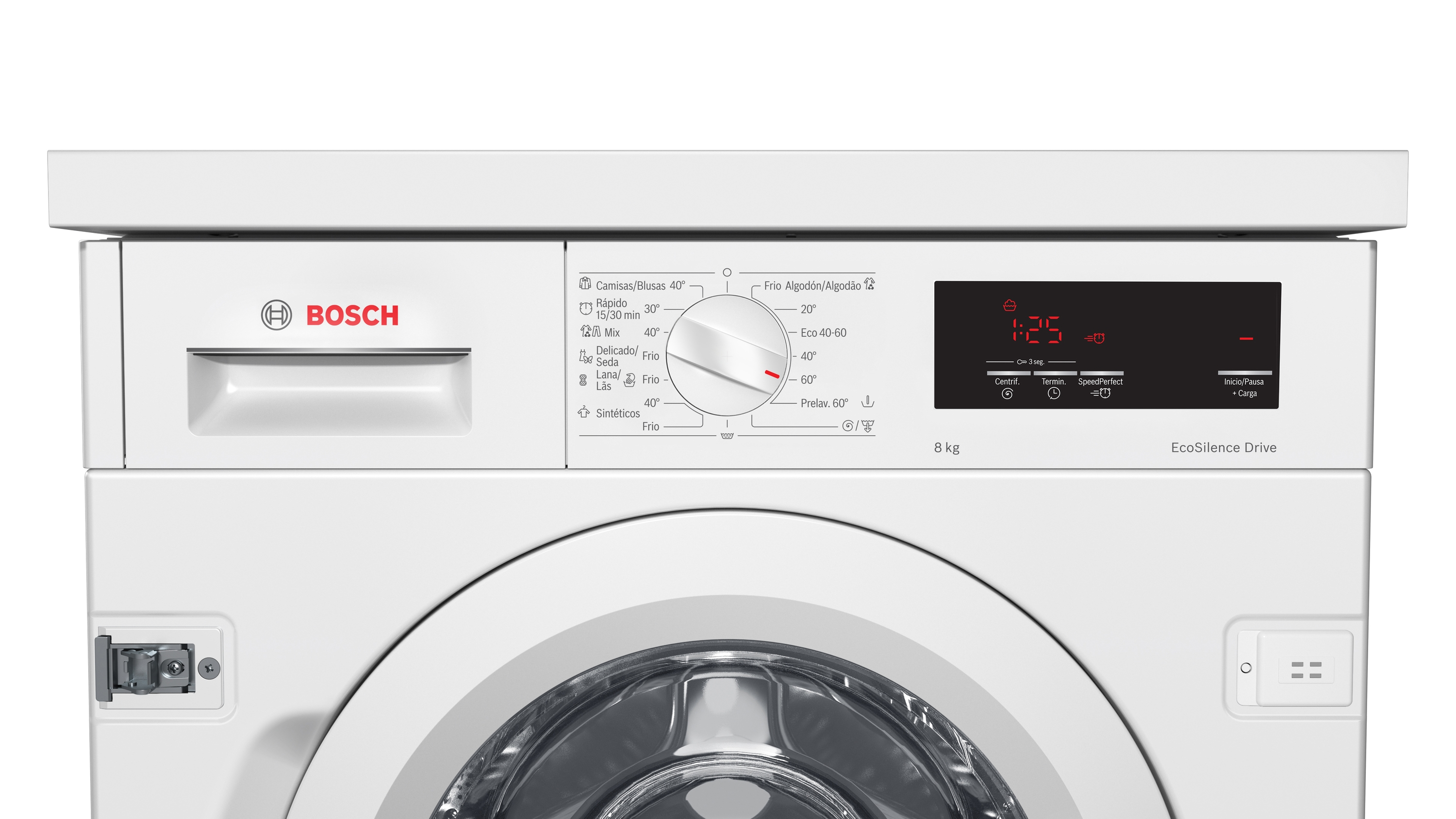 Panel frontal blanco de lavadora Bosch con botones y pantalla.