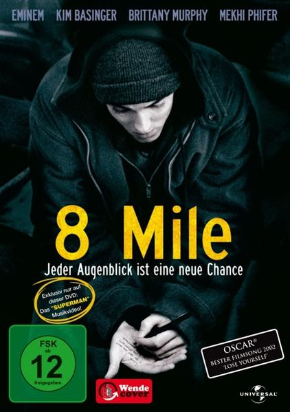 DVD-Cover für 8 Mile. Eminem blickt nach unten, trägt Mütze und Kapuzenpullover. Text '8 Mile' und Namen der Darsteller sind sichtbar.