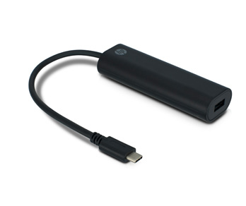 Siyah HP USB-C adaptör, siyah kablo ve USB portu ile.