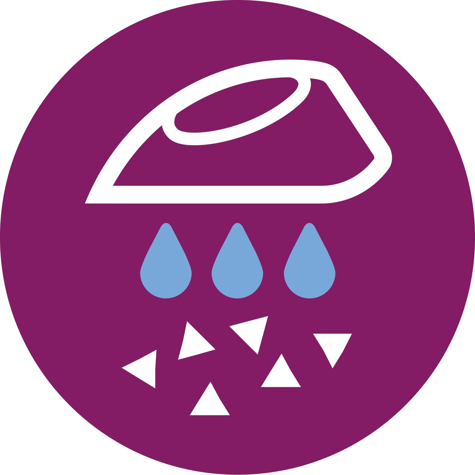 Icona ferro da stiro bianco con gocce d'acqua su sfondo cerchio viola.