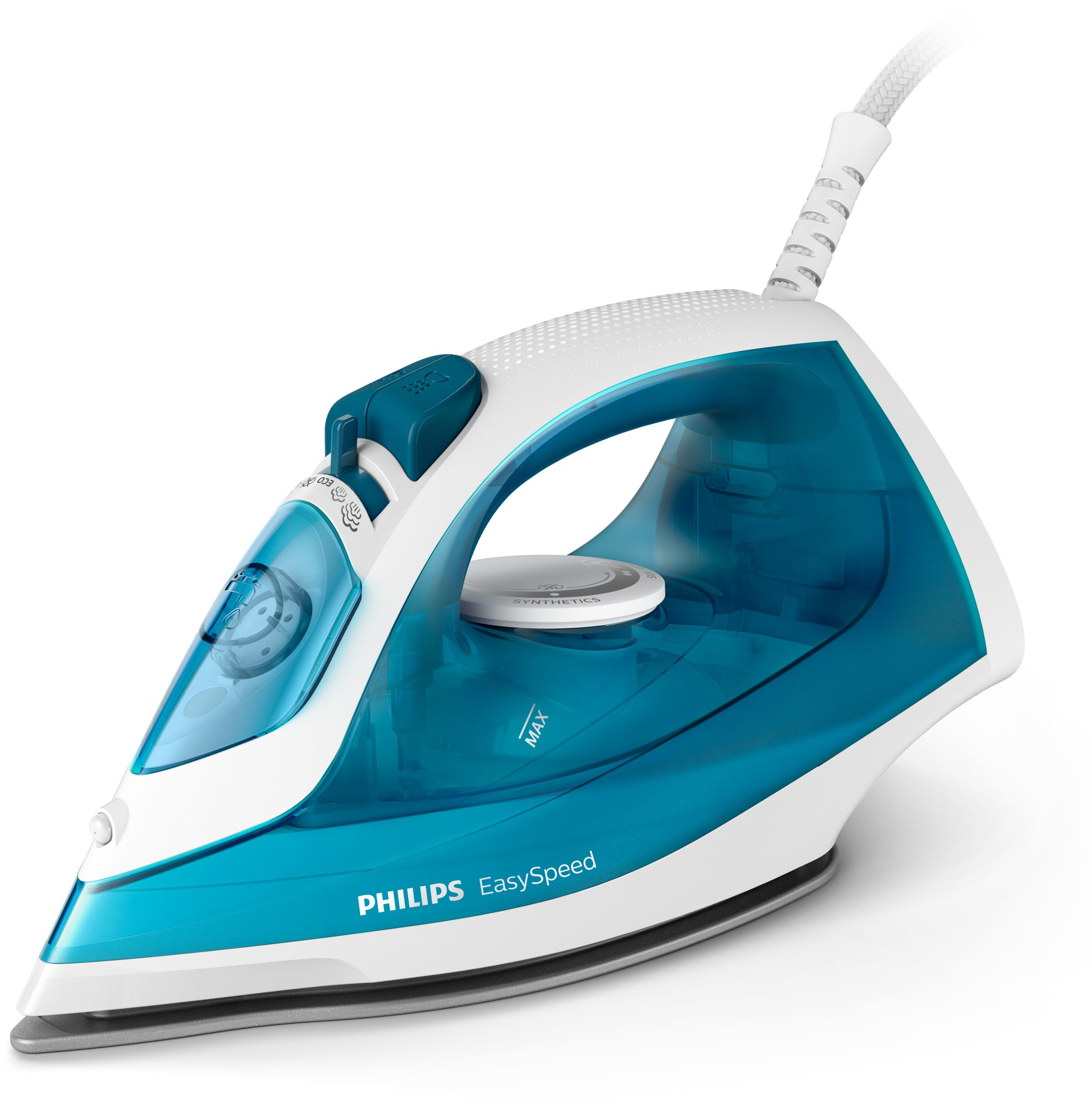 Primo piano del ferro da stiro Philips EasySpeed, design bianco e blu.