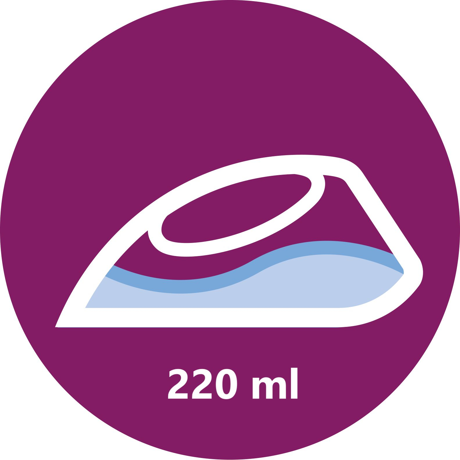 Testo 220 ml e icona livello acqua su sfondo cerchio viola.