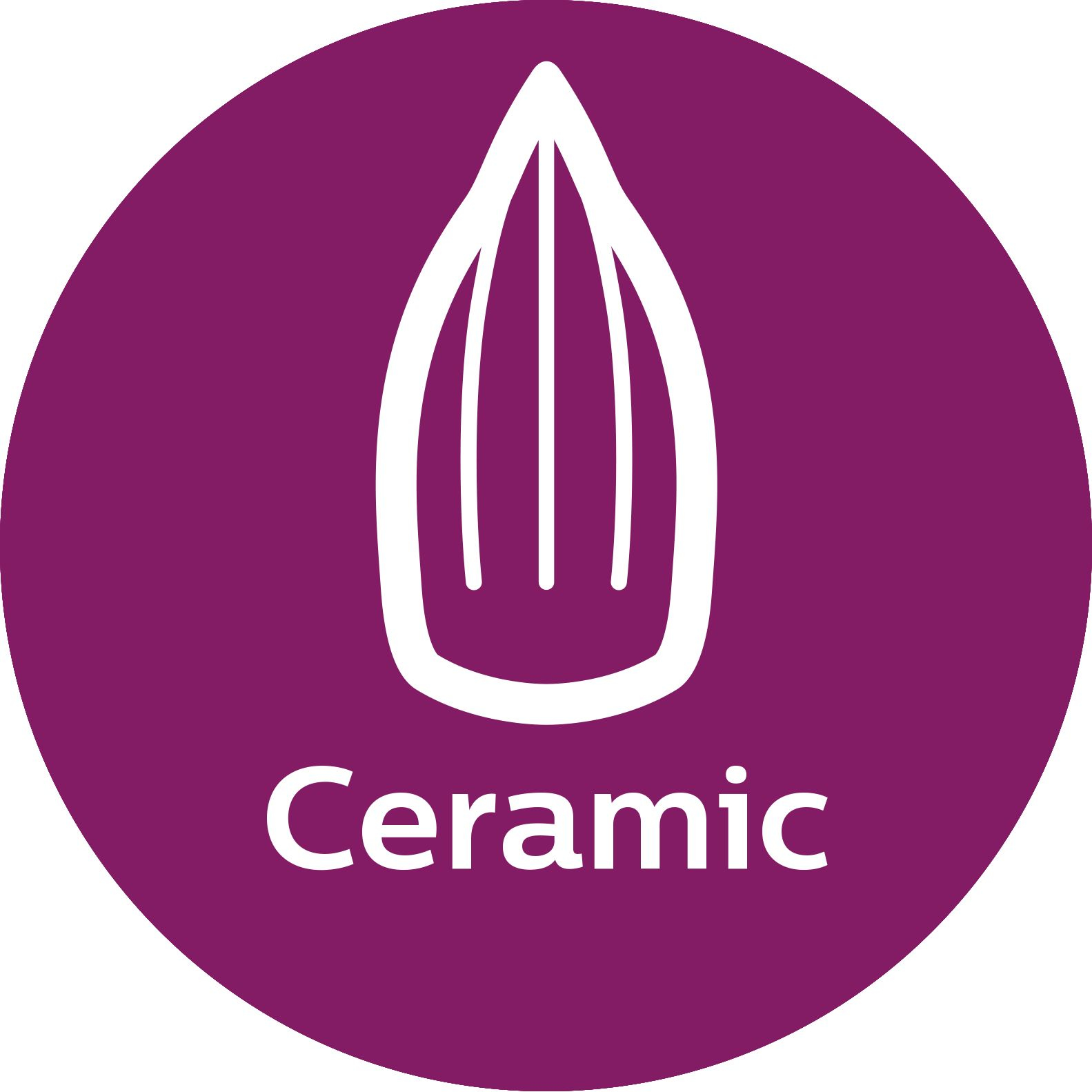 Testo Ceramica su sfondo cerchio viola, con un simbolo del ferro da stiro.