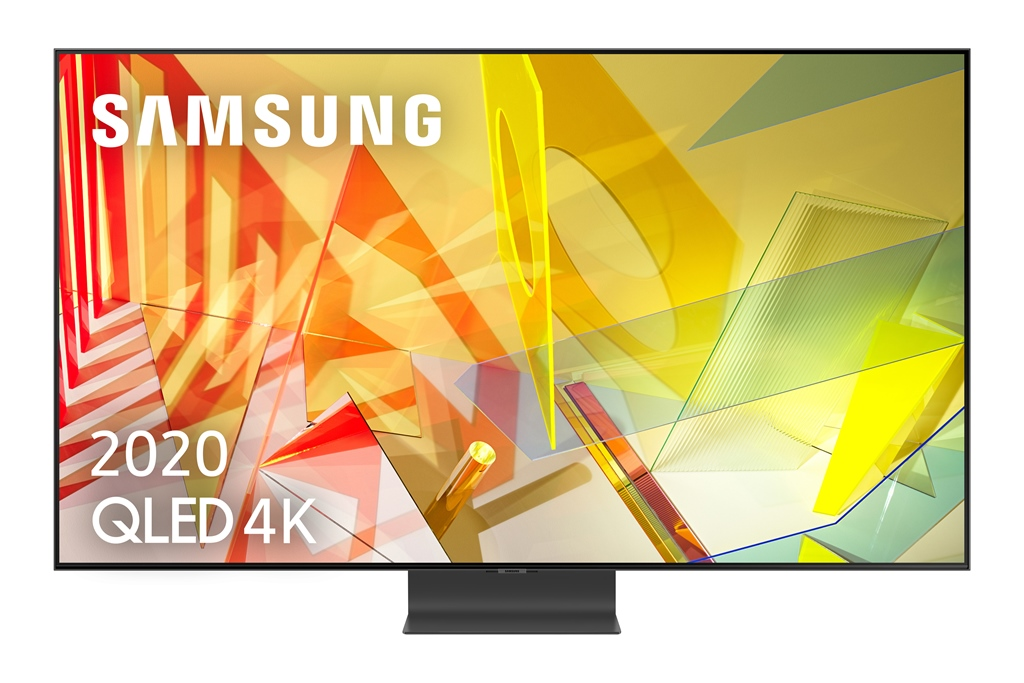 Televisor Samsung QLED 4K. Marco negro, logotipo blanco de Samsung, fondo geométrico colorido.