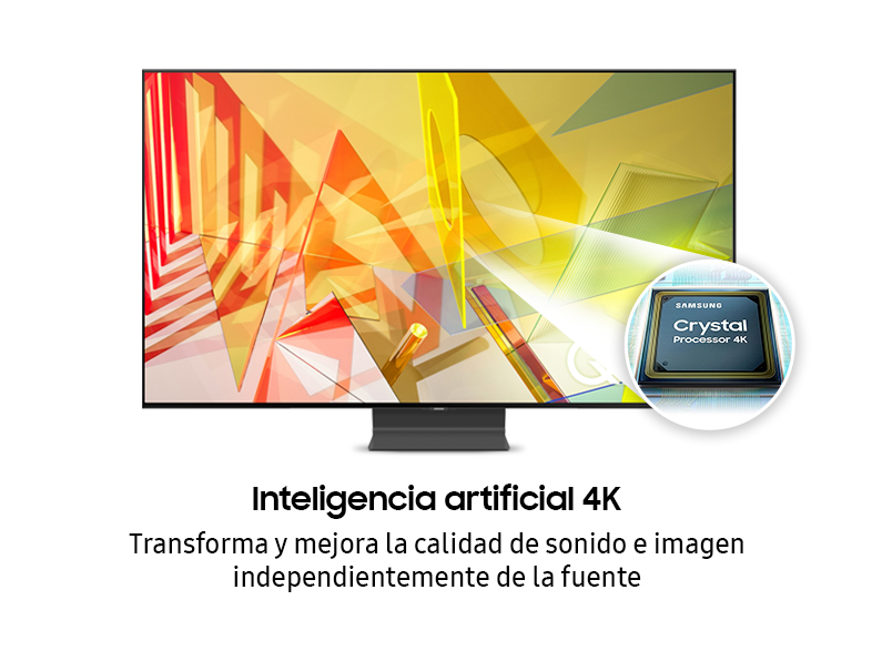 Un televisor Samsung con texto sobre inteligencia artificial 4K y un procesador.