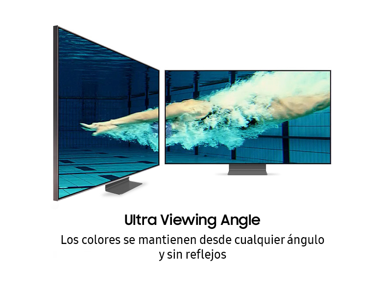 Dos televisores con escenas de natación. Texto: 'Ultra Viewing Angle'.