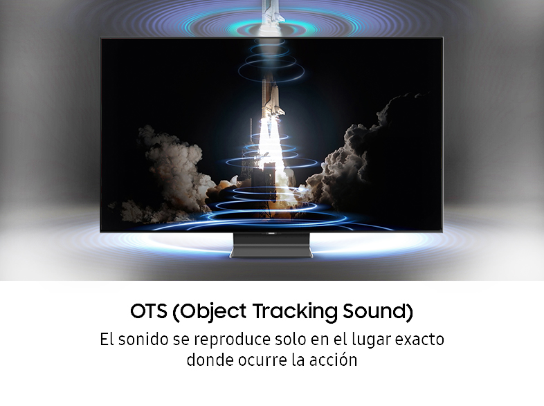 Pantalla de TV que muestra un lanzamiento de cohete. Ondas de sonido emanan de la pantalla. Superposición de texto.