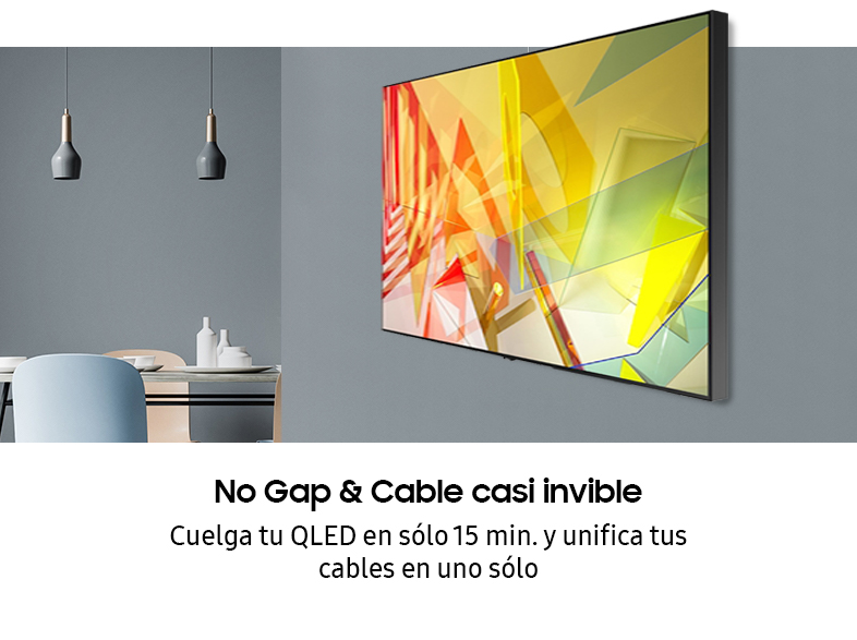 TV montada en pared gris. Texto abajo dice 'No Gap & Cable casi invisible'.