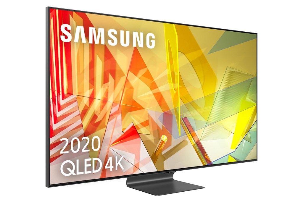 Televisor Samsung QLED 4K con un fondo abstracto colorido.
