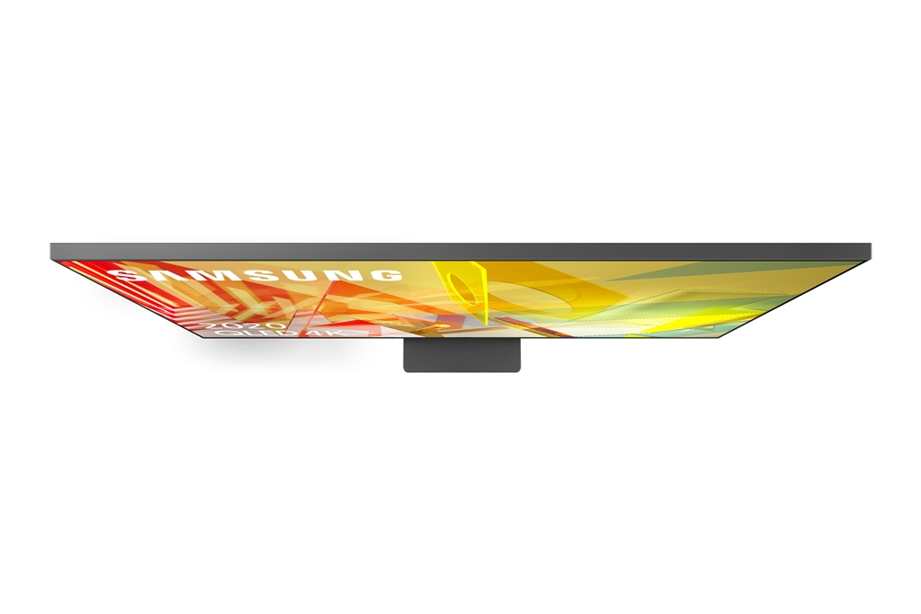 Vista superior de un televisor Samsung 2020 OLED 4K, mostrando la pantalla y el soporte, sobre fondo blanco.