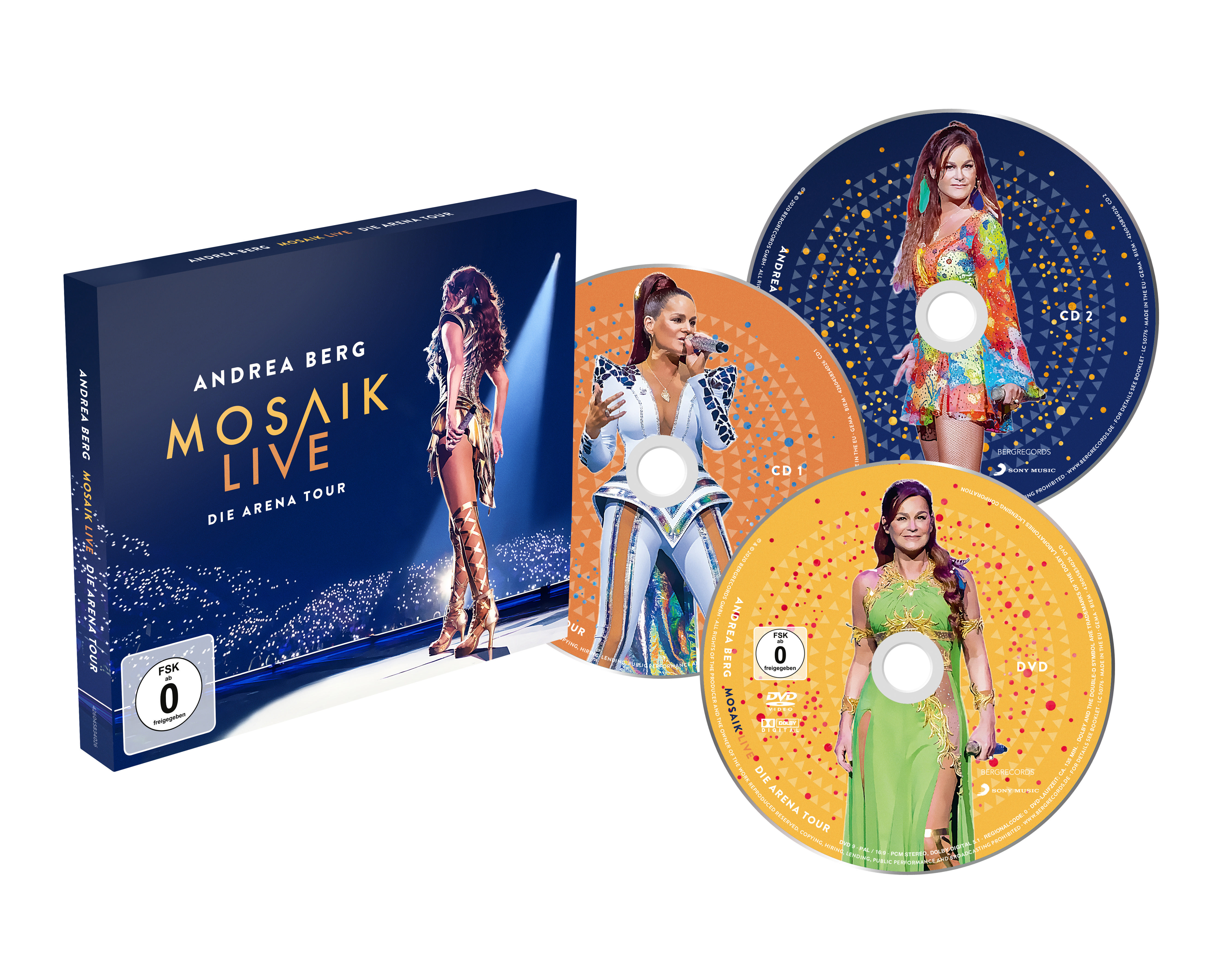 CD- und DVD-Set mit Frau auf der Bühne, Albumcover und CDs.