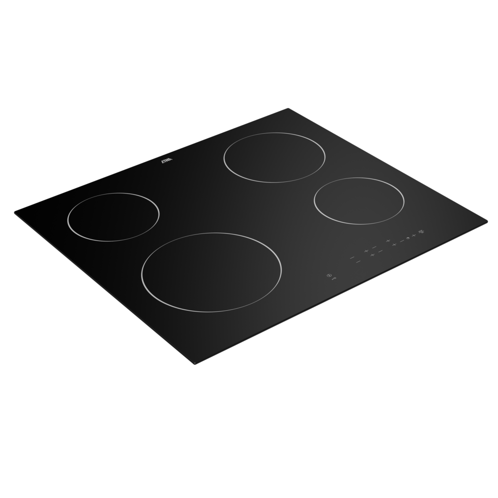 Black induction cooktop with four round burners on a dark background.