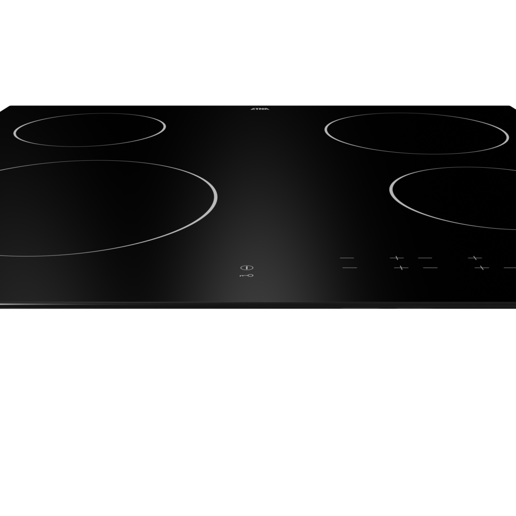Black induction hob with four circular cooking zones. The hob has touch controls.