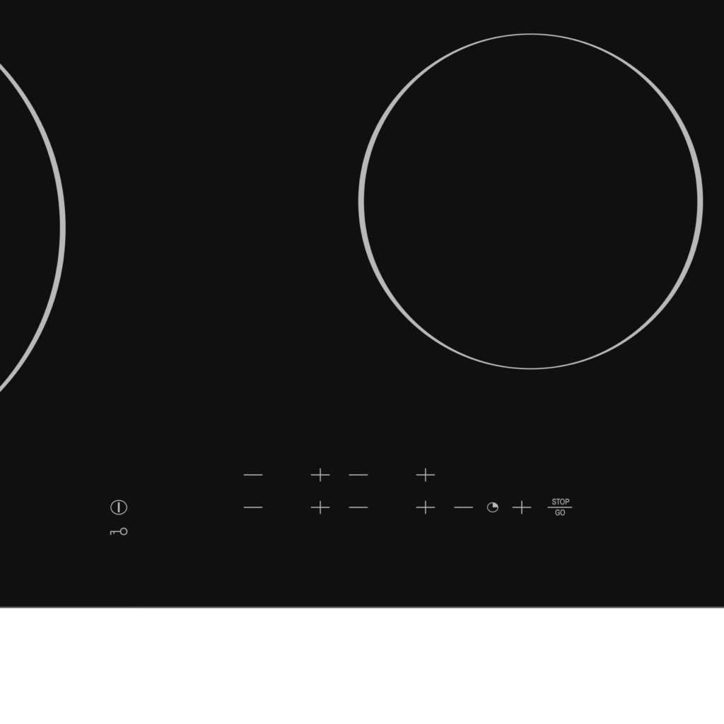 Close-up of a black induction cooktop with two circular cooking zones and control panel.